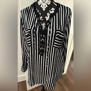 Peter Nygard Black and White Striped Lace-Up Blouse